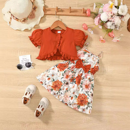 Floral Print Bow Suspender Girls Dress Sweet Red Shawl Casual Princess Dress Children's Clothes Set Leedoar