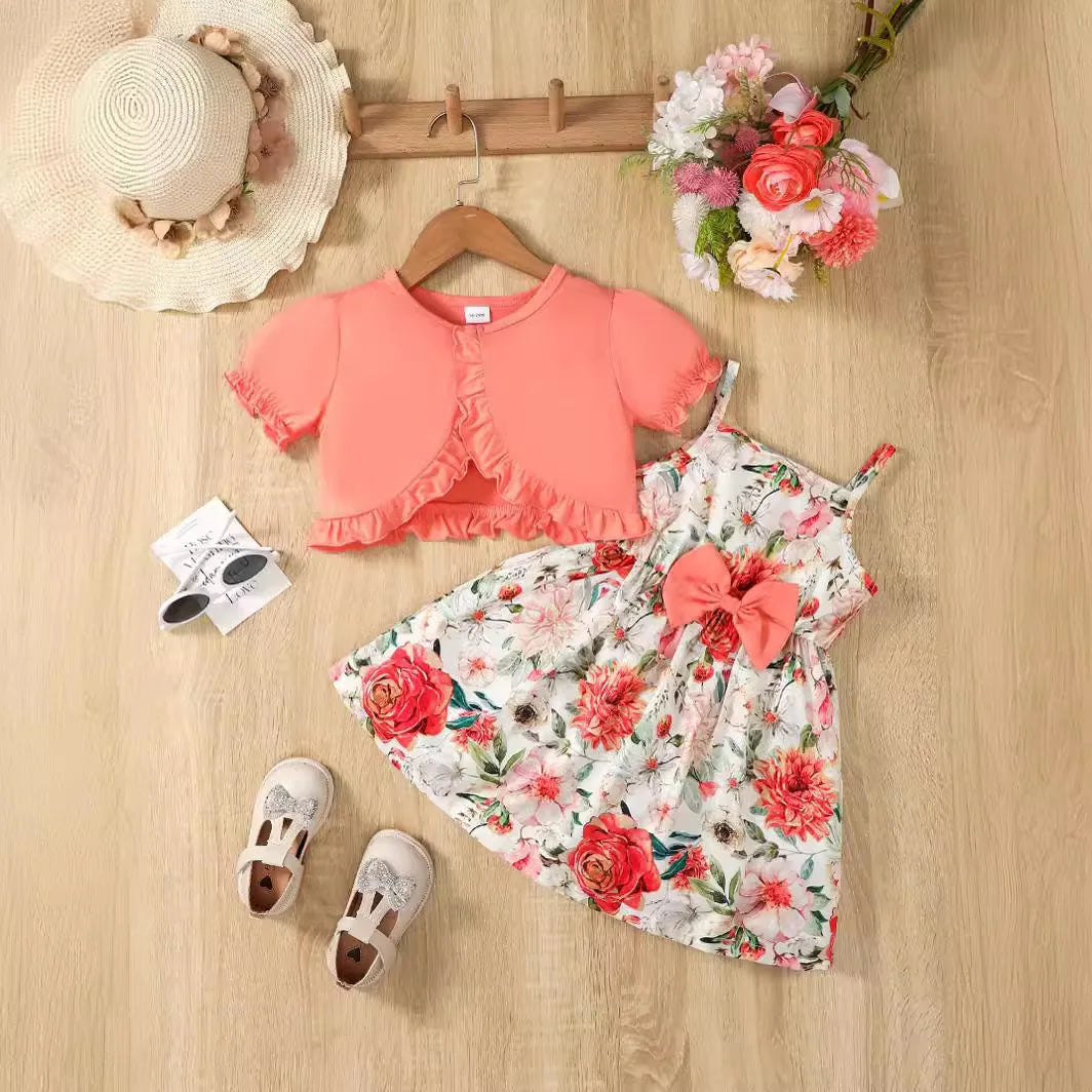 Floral Print Bow Suspender Girls Dress Sweet Red Shawl Casual Princess Dress Children's Clothes Set Leedoar