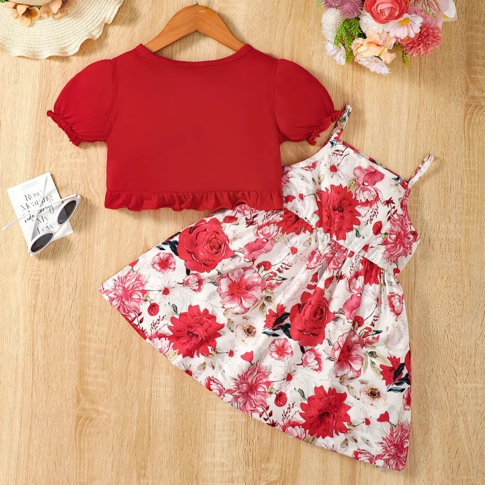 Floral Print Bow Suspender Girls Dress Sweet Red Shawl Casual Princess Dress Children's Clothes Set Leedoar
