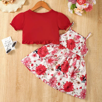 Floral Print Bow Suspender Girls Dress Sweet Red Shawl Casual Princess Dress Children's Clothes Set Leedoar