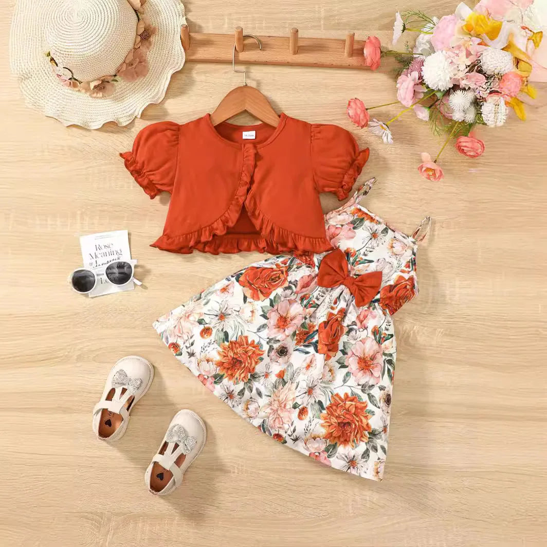 Floral Print Bow Suspender Girls Dress Sweet Red Shawl Casual Princess Dress Children's Clothes Set Leedoar