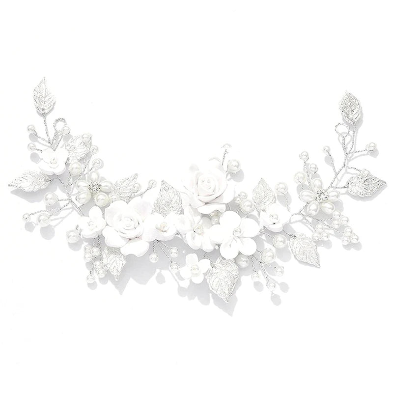 Diadema de novia con flores para boda, accesorios para el cabello con perlas plateadas, tocado para mujeres y niñas