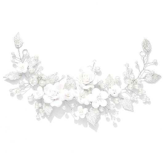 Flower Bride Wedding Hair Vine Silver Pearl Hair Accessories Bridal Headband Headpiece For Women And Girls