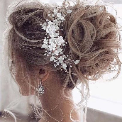 Diadema de novia con flores para boda, accesorios para el cabello con perlas plateadas, tocado para mujeres y niñas