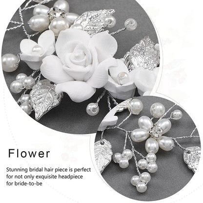 Flower Bride Wedding Hair Vine Silver Pearl Hair Accessories Bridal Headband Headpiece For Women And Girls