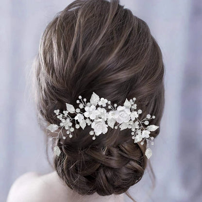 Diadema de novia con flores para boda, accesorios para el cabello con perlas plateadas, tocado para mujeres y niñas