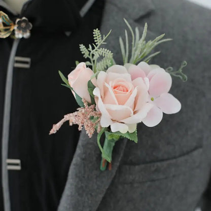 Flowers Artificial Boutonnieres pink Roses Silk White Corsage Buttonhole Groomsmen Boutonniere for Men Wedding Accessories Leedoar