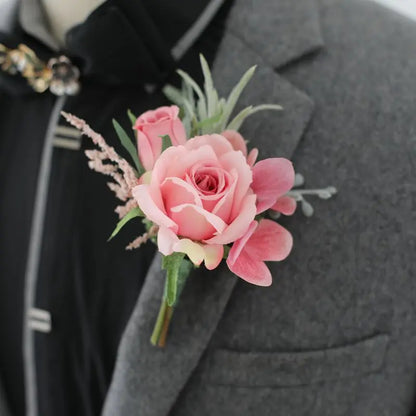 Flowers Artificial Boutonnieres pink Roses Silk White Corsage Buttonhole Groomsmen Boutonniere for Men Wedding Accessories Leedoar