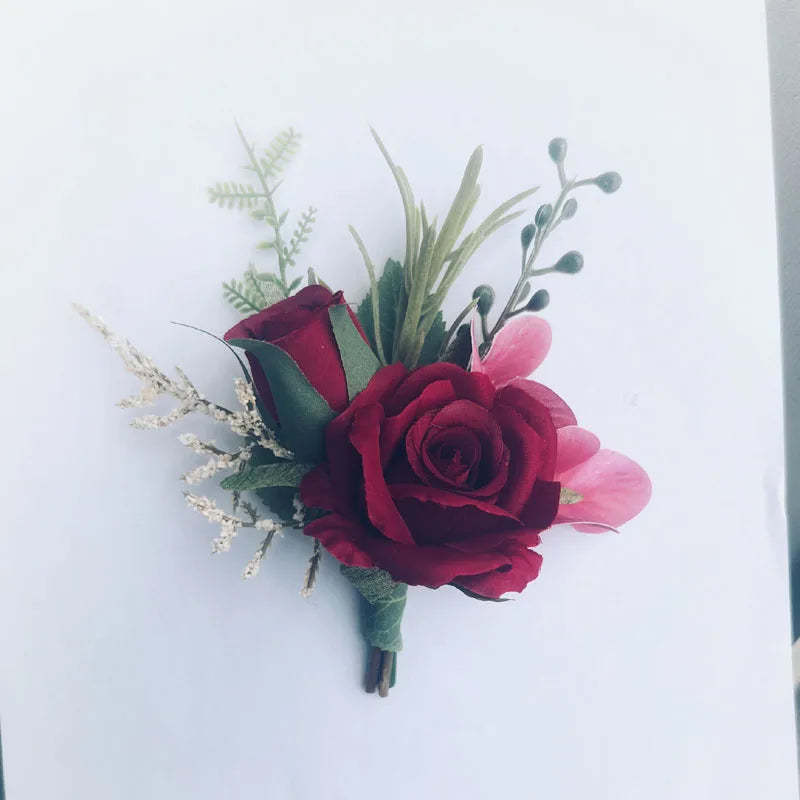 Flowers Artificial Boutonnieres pink Roses Silk White Corsage Buttonhole Groomsmen Boutonniere for Men Wedding Accessories Leedoar