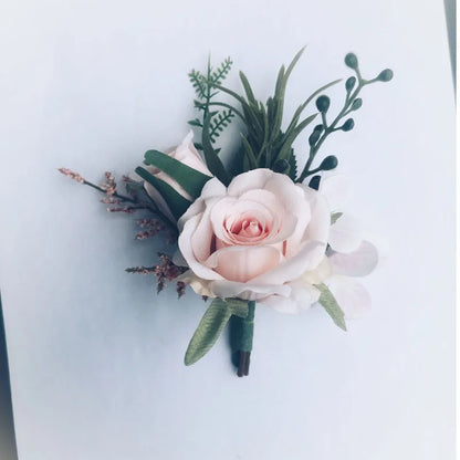 Flowers Artificial Boutonnieres pink Roses Silk White Corsage Buttonhole Groomsmen Boutonniere for Men Wedding Accessories Leedoar