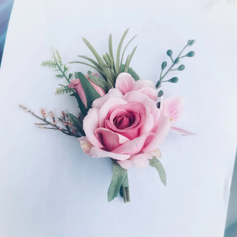 Flowers Artificial Boutonnieres pink Roses Silk White Corsage Buttonhole Groomsmen Boutonniere for Men Wedding Accessories Leedoar