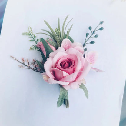 Flowers Artificial Boutonnieres pink Roses Silk White Corsage Buttonhole Groomsmen Boutonniere for Men Wedding Accessories Leedoar