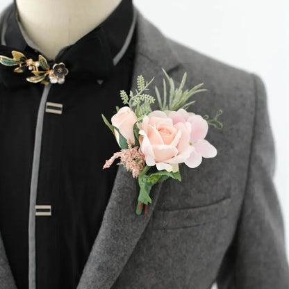 Flowers Artificial Boutonnieres pink Roses Silk White Corsage Buttonhole Groomsmen Boutonniere for Men Wedding Accessories Leedoar