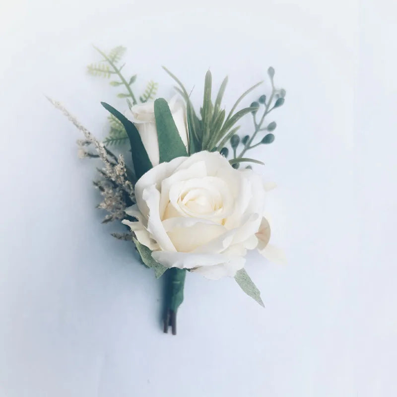 Flowers Artificial Boutonnieres pink Roses Silk White Corsage Buttonhole Groomsmen Boutonniere for Men Wedding Accessories Leedoar