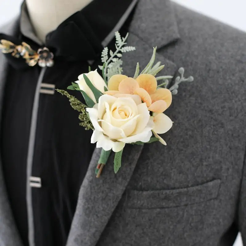 Flowers Artificial Boutonnieres pink Roses Silk White Corsage Buttonhole Groomsmen Boutonniere for Men Wedding Accessories Leedoar