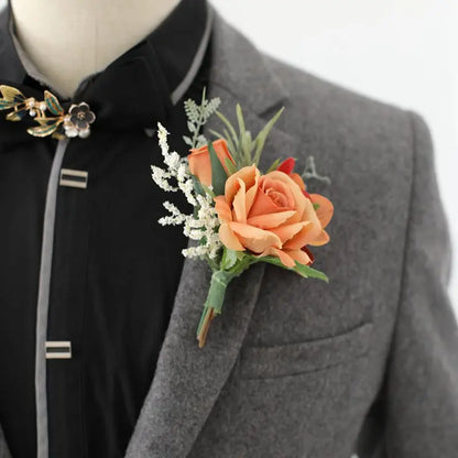Flowers Artificial Boutonnieres pink Roses Silk White Corsage Buttonhole Groomsmen Boutonniere for Men Wedding Accessories Leedoar
