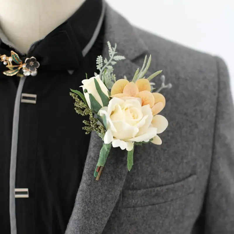 Flowers Artificial Boutonnieres pink Roses Silk White Corsage Buttonhole Groomsmen Boutonniere for Men Wedding Accessories Leedoar