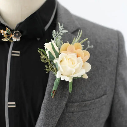 Flowers Artificial Boutonnieres pink Roses Silk White Corsage Buttonhole Groomsmen Boutonniere for Men Wedding Accessories Leedoar