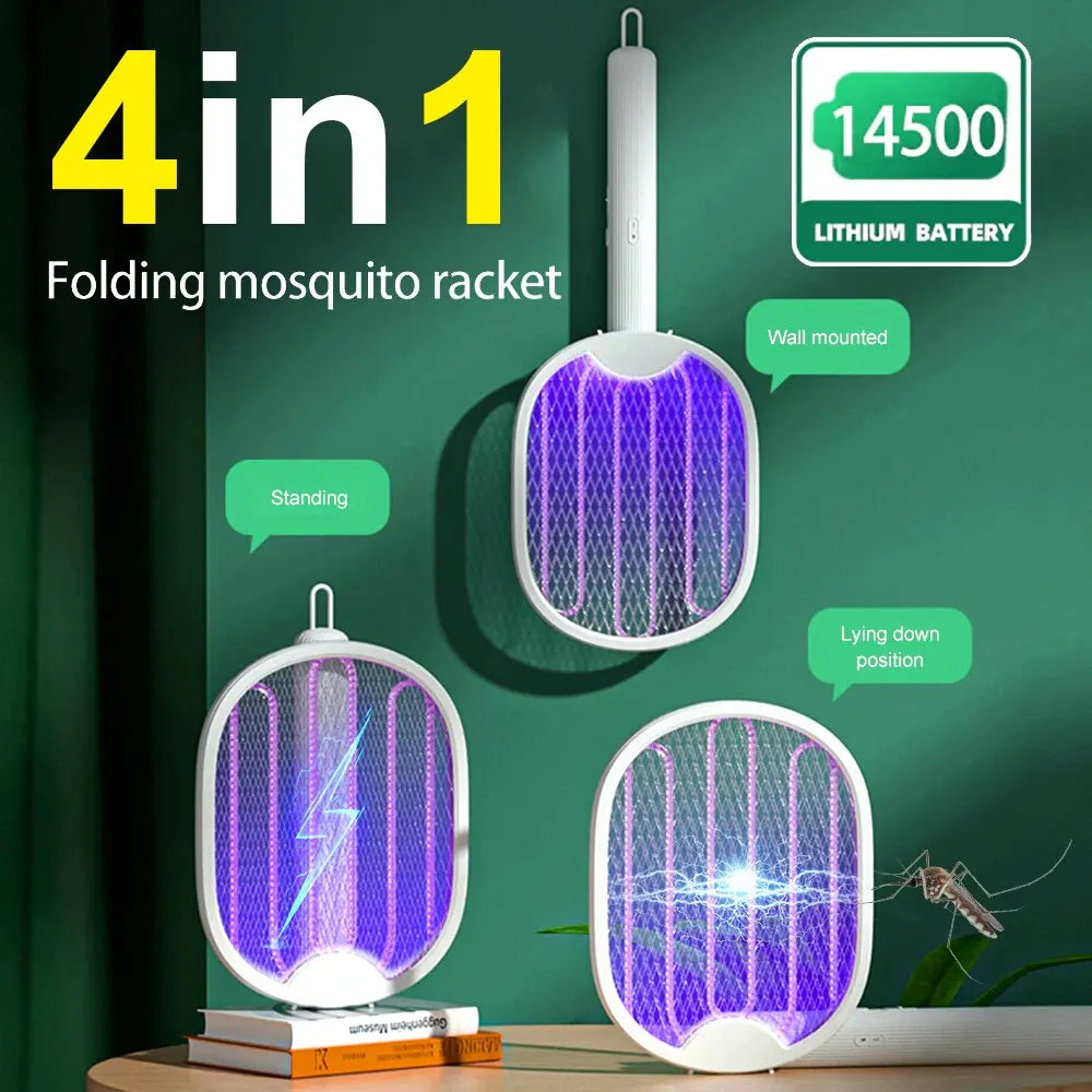 Foldable Electric Mosquito Killer Fly Swatter Trap USB Rechargeable Mosquito Racket Insect Killer with UV Light Bug Zapper 3000V Leedoar