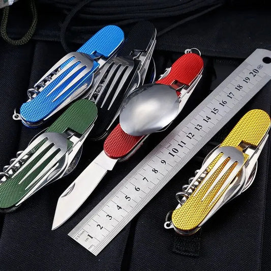 Foldable Tableware Knife Spoon Fork 4-In-1 Tablespoon Stainless Steel Bottle Opener Outdoor Camping Fruit Knife Folding Knife Leedoar