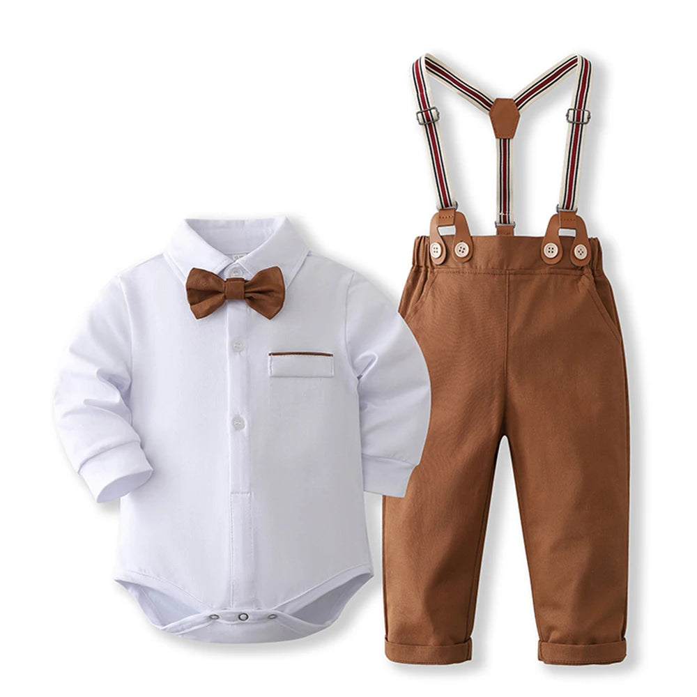 Formal Gentleman Clothng Set for Baby Infant Solid Romper Suit Boy First Birthday Costume 0-24 Month Toddler Cotton Kids Outfit Leedoar