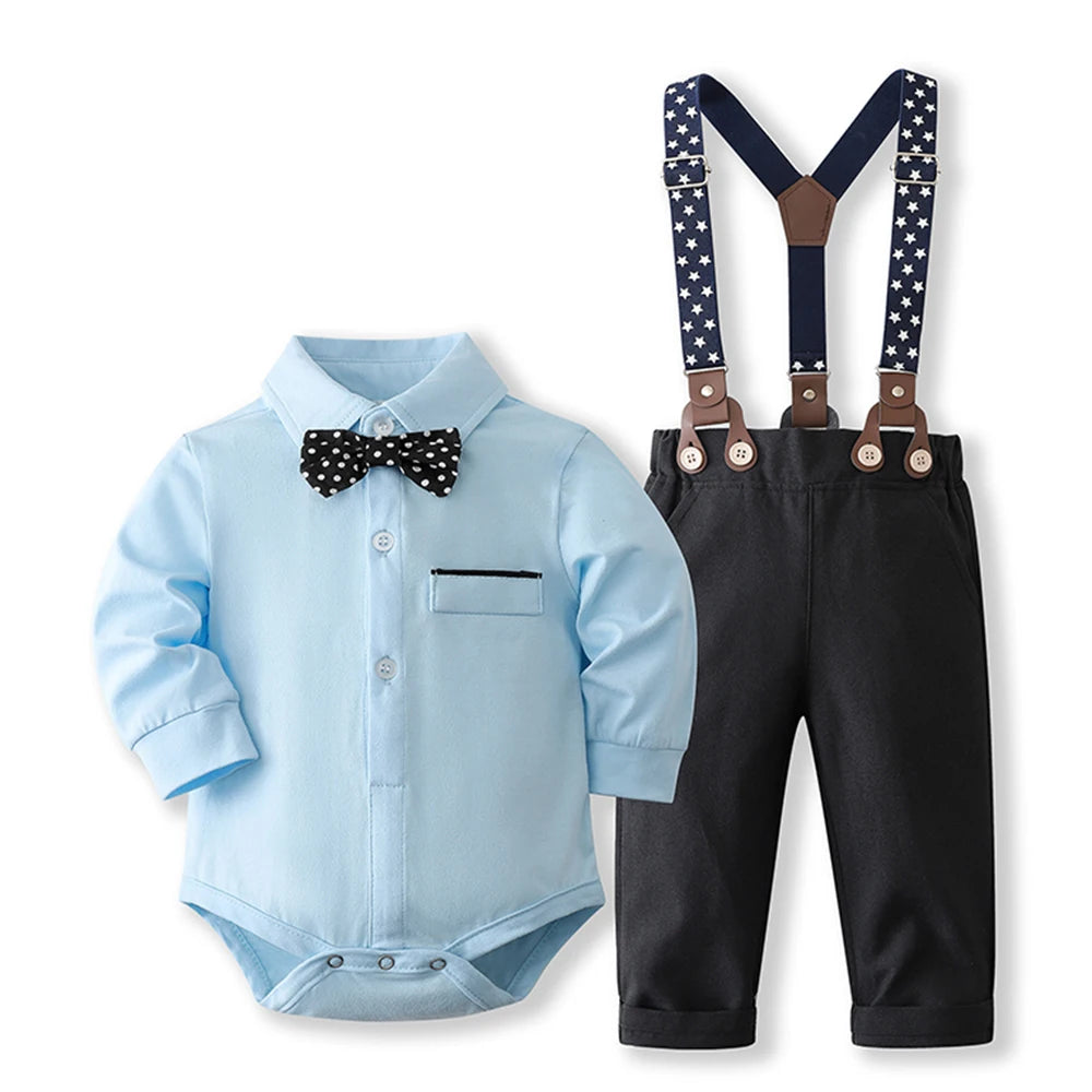 Formal Gentleman Clothng Set for Baby Infant Solid Romper Suit Boy First Birthday Costume 0-24 Month Toddler Cotton Kids Outfit Leedoar