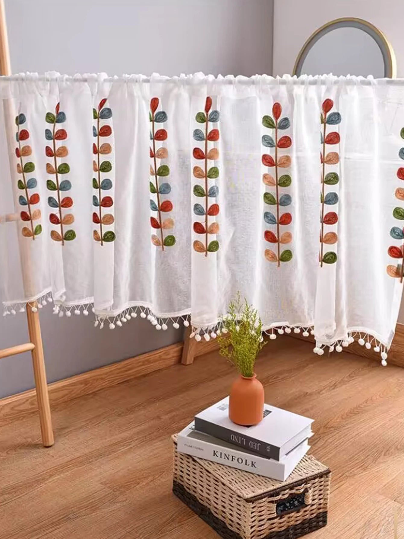 Four color branch Embroidered Semi Sheer Curtain Kitchen Tiers Half Window Sheer Curtains Rod Pocket Voile Drapes for Kitchen Ba Leedoar