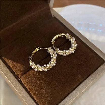 French Imitation Pearl Circel Earring Small Round Hoop Earrings For Women New Design Texture Earrings Jewelry Elegant Gift Leedoar