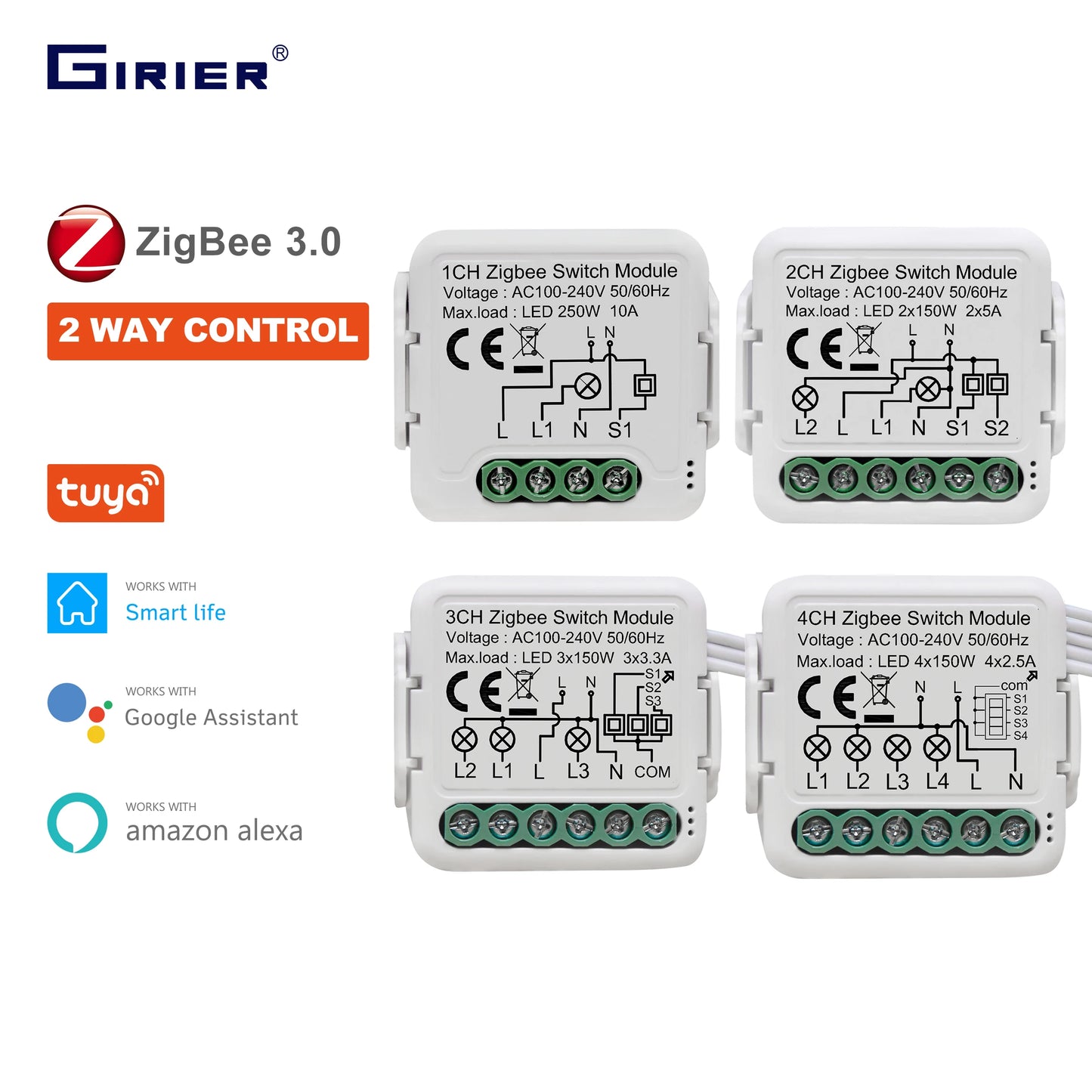 GIRIER Tuya ZigBee 3.0 Light Switch Module, Smart DIY Breaker 1 2 3 4 Gang Supports 2 Way Control, Works with Alexa Google Home Leedoar