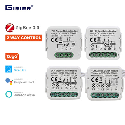 GIRIER Tuya ZigBee 3.0 Light Switch Module, Smart DIY Breaker 1 2 3 4 Gang Supports 2 Way Control, Works with Alexa Google Home Leedoar