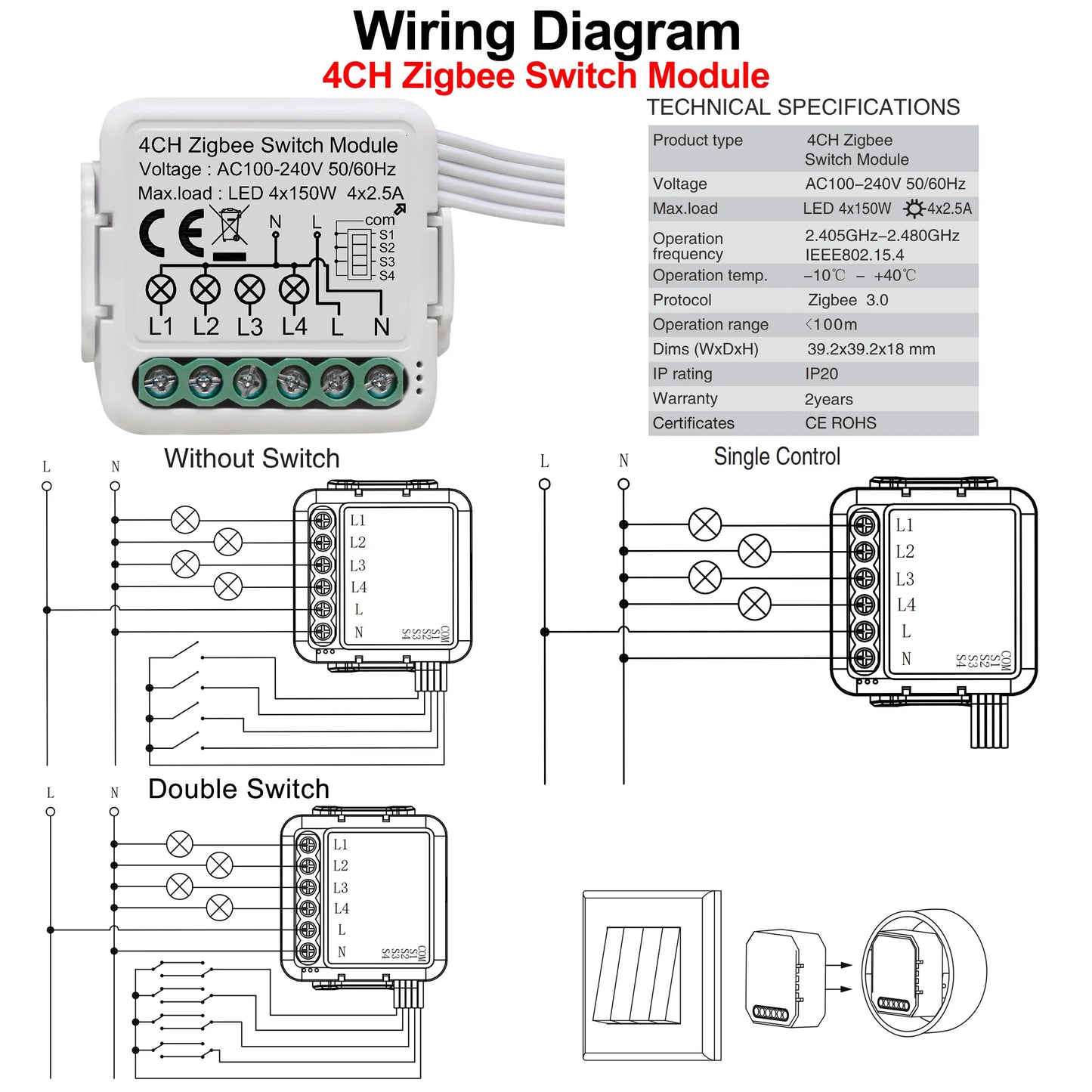 GIRIER Tuya ZigBee 3.0 Light Switch Module, Smart DIY Breaker 1 2 3 4 Gang Supports 2 Way Control, Works with Alexa Google Home Leedoar