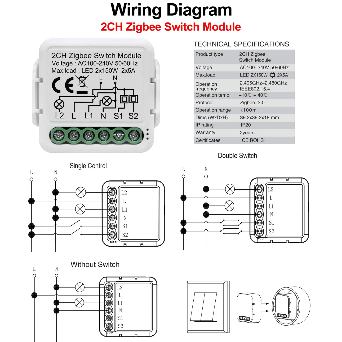 GIRIER Tuya ZigBee 3.0 Light Switch Module, Smart DIY Breaker 1 2 3 4 Gang Supports 2 Way Control, Works with Alexa Google Home Leedoar