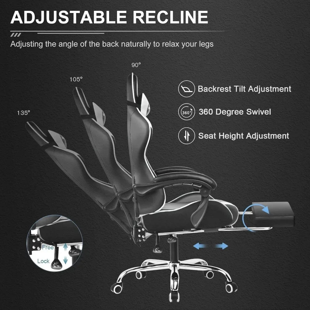 Gaming Chair,with Footrest And Lumbar Support,Height Adjustable With 360° Swivel Seat And Headrest And For Office Gaming(White)