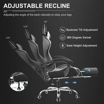 Gaming Chair,with Footrest And Lumbar Support,Height Adjustable With 360° Swivel Seat And Headrest And For Office Gaming(White)