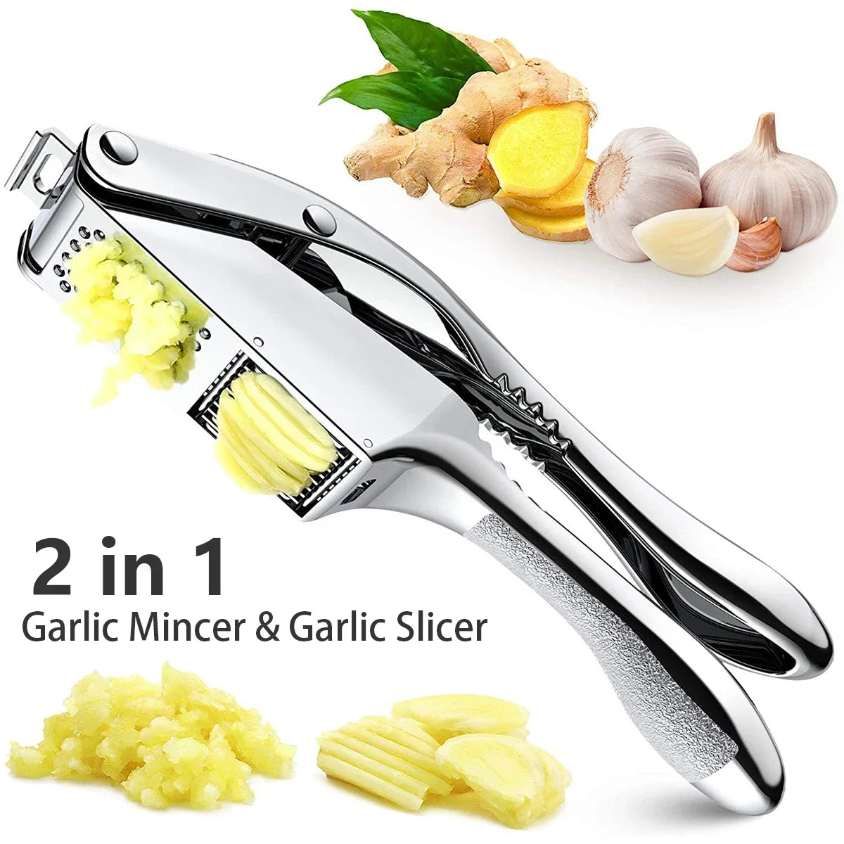 Garlic Press Garlic Press Slicer Stainless Steel 2 in 1 Garlic Mincer Dual Function Garlic Crusher Handheld Garlic Squeezer Tool Leedoar