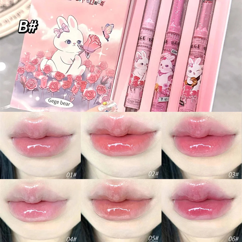 Gege Bear Garden Pink Rabbit Brilho Labial Sólido Batom Hidratante Batom Colorido Aquoso Bálsamo Labial Longa Duração Espelho Labial Suave Maquiagem 