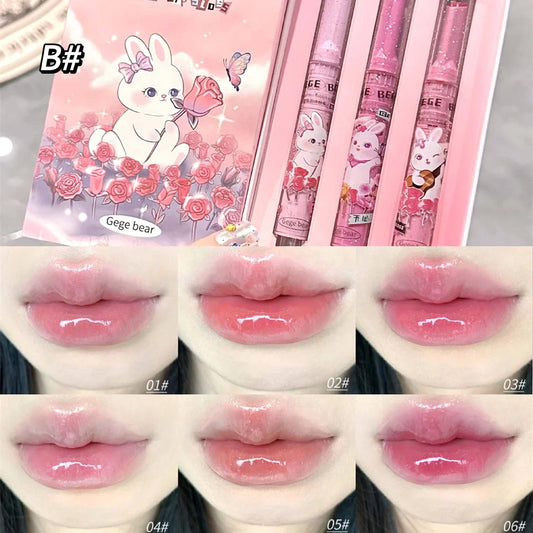 Brillo labial sólido Gege Bear Garden Pink Rabbit, lápiz labial hidratante, bálsamo labial de color acuoso, espejo de labios tierno de larga duración, maquillaje 