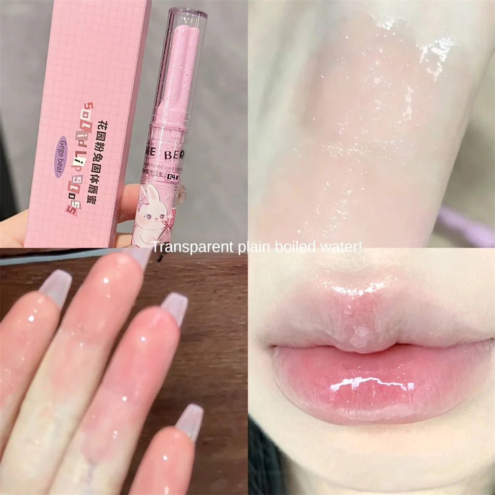 Gege Bear Garden Pink Rabbit Brilho Labial Sólido Batom Hidratante Batom Colorido Aquoso Bálsamo Labial Longa Duração Espelho Labial Suave Maquiagem 