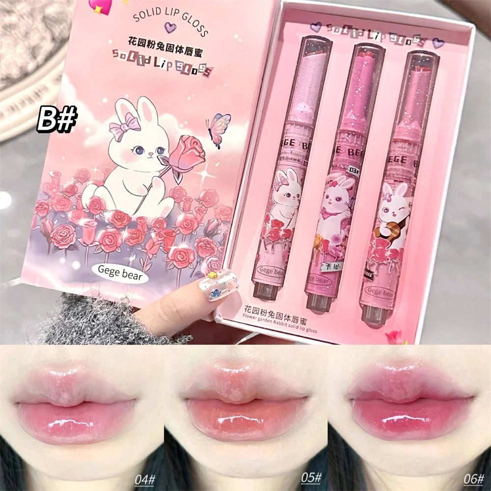 Gege Bear Garden Pink Rabbit Brilho Labial Sólido Batom Hidratante Batom Colorido Aquoso Bálsamo Labial Longa Duração Espelho Labial Suave Maquiagem 