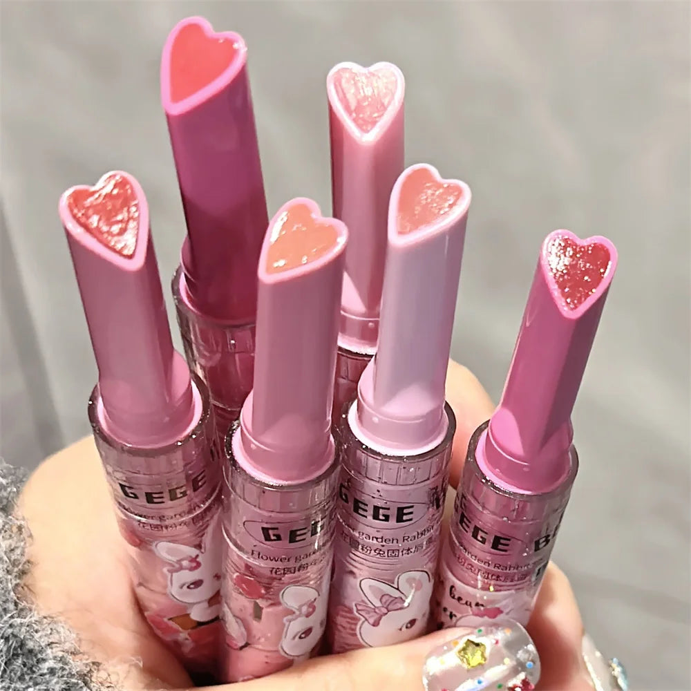 Gege Bear Garden Pink Rabbit Brilho Labial Sólido Batom Hidratante Batom Colorido Aquoso Bálsamo Labial Longa Duração Espelho Labial Suave Maquiagem 