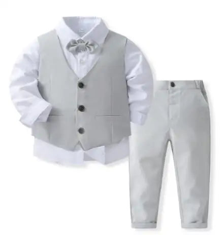 Gentleman Outfits Birthday Costume for Boy Children Spring Autumn Boutique Clothing Set Solid Vest Suit Kids Cotton Formal Wears Leedoar