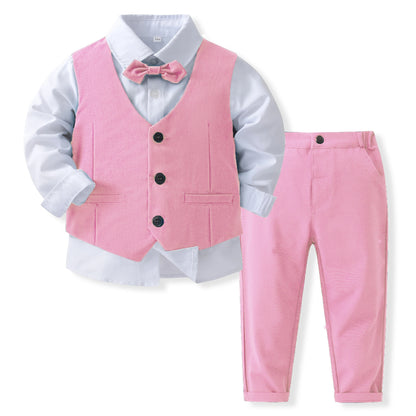 Gentleman Outfits Birthday Costume for Boy Children Spring Autumn Boutique Clothing Set Solid Vest Suit Kids Cotton Formal Wears Leedoar