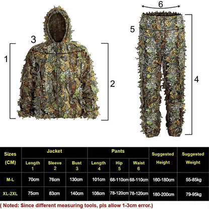 Traje Ghillie para hombres, mujeres y niños, ropa de caza con camuflaje biónico con hojas 3D, traje de tiro CS, conjunto de ropa de combate táctico 