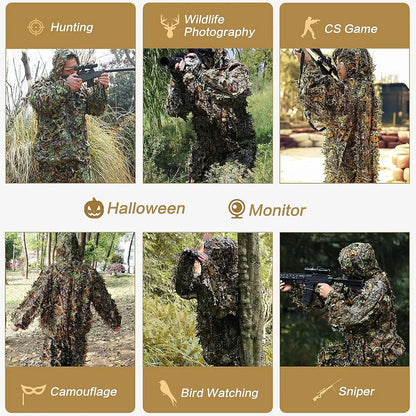 Traje Ghillie para hombres, mujeres y niños, ropa de caza con camuflaje biónico con hojas 3D, traje de tiro CS, conjunto de ropa de combate táctico 