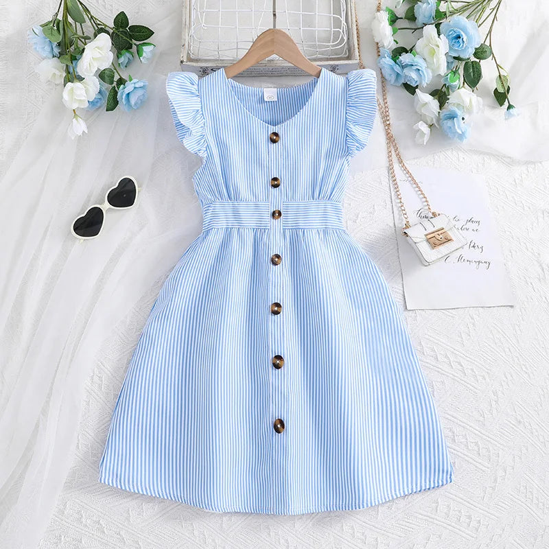 Girl Summer New Light Blue Stripe Ruffled Sleeveless V-Neck Dress Elegant Cute Daily Casual Vacation Preppy Style Outifits Leedoar