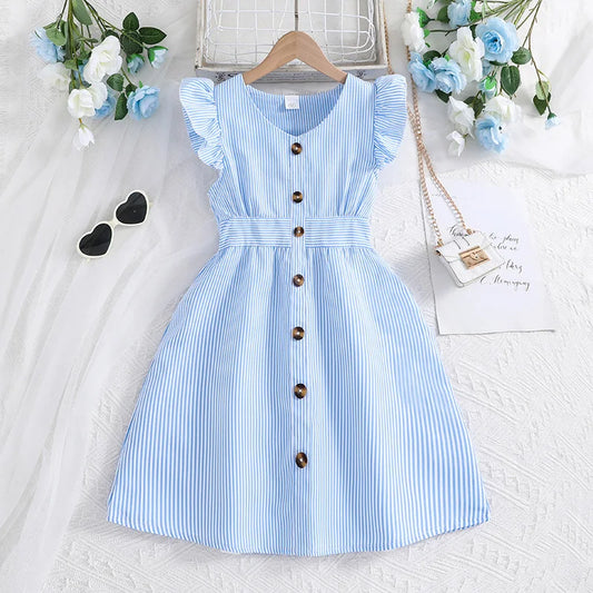 Girl Summer New Light Blue Stripe Ruffled Sleeveless V-Neck Dress Elegant Cute Daily Casual Vacation Preppy Style Outifits Leedoar