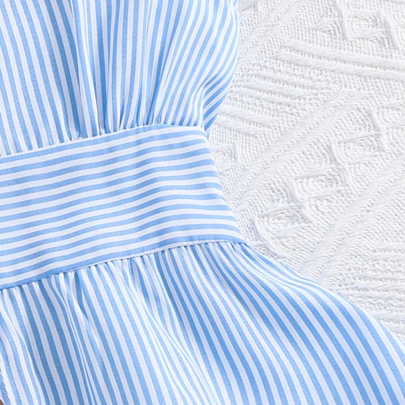 Girl Summer New Light Blue Stripe Ruffled Sleeveless V-Neck Dress Elegant Cute Daily Casual Vacation Preppy Style Outifits Leedoar