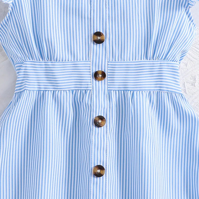 Girl Summer New Light Blue Stripe Ruffled Sleeveless V-Neck Dress Elegant Cute Daily Casual Vacation Preppy Style Outifits Leedoar