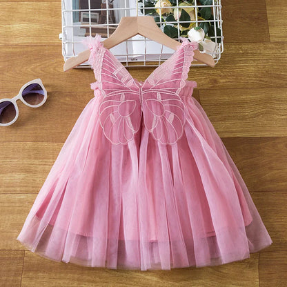 Girl Suspender Pink Mesh Three-dimensional Wing Dress Summer Dress Tutu Dress Casual Cute Princess Holiday Children's Clothes Leedoar