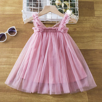 Girl Suspender Pink Mesh Three-dimensional Wing Dress Summer Dress Tutu Dress Casual Cute Princess Holiday Children's Clothes Leedoar